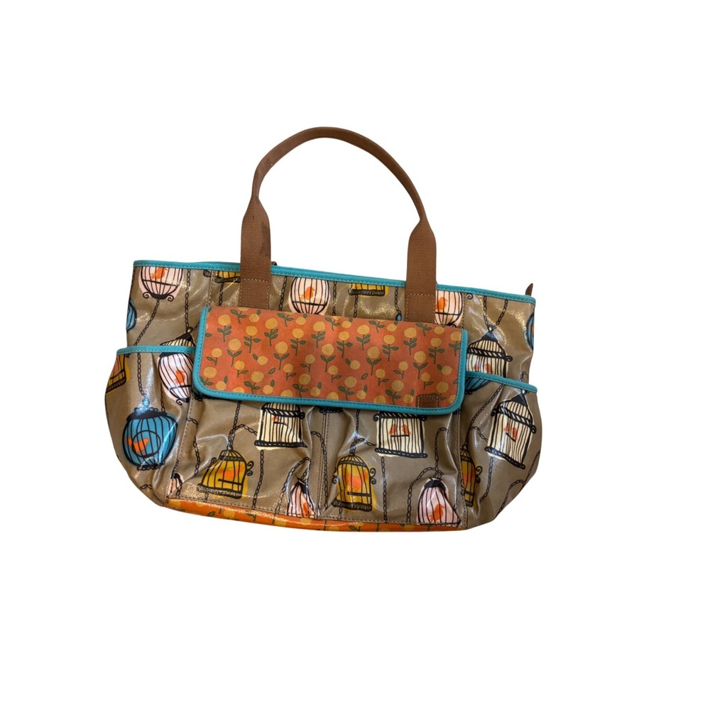 Fossil Key-Per Tote Bag Womens Large Brown Birdcage‎ Print Coated Canvas Retro